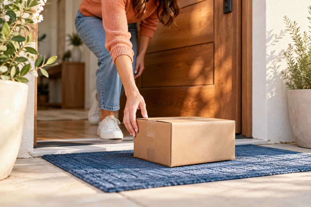 Kraft shipping box at an apartment door — Virgo-Meds discreet delivery