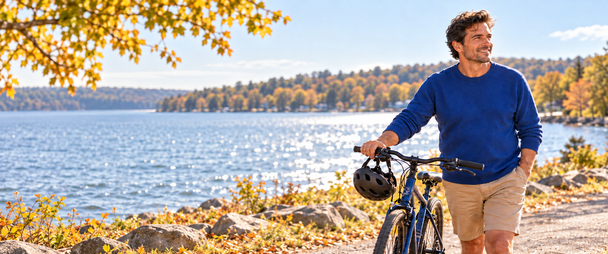 Cyclist by an autumn lake