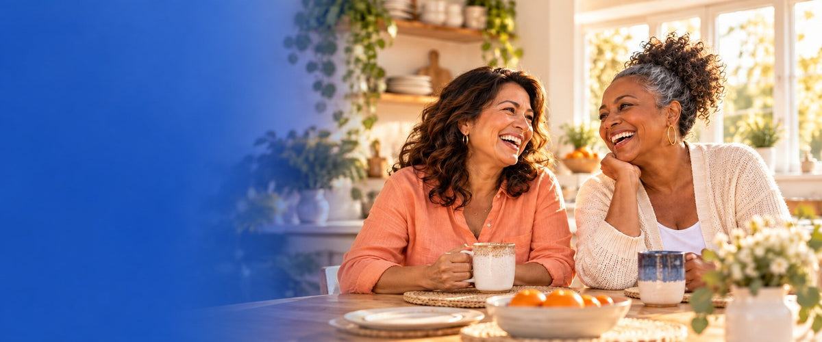 Friends sharing coffee at a sunny café — Virgo-Meds homepage